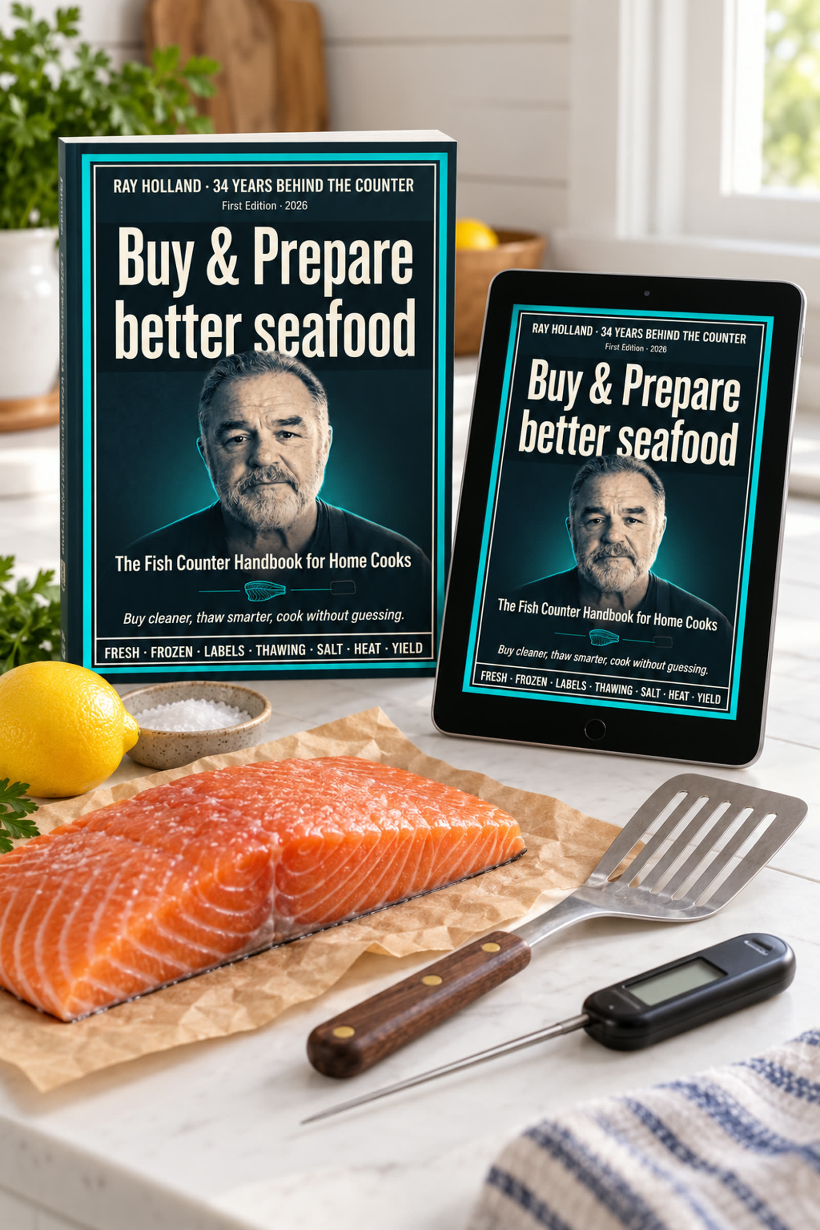 Buy & Prepare Better Seafood book and tablet on a kitchen counter
